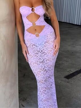Outcast Strapless Lavender Lace Cutout Maxi Dress